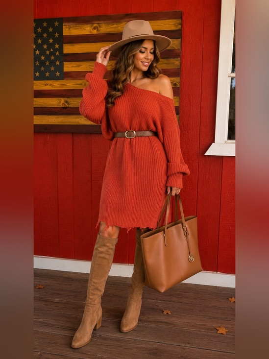 Forever 21 Dresses & Skirts - Rust Off-Shoulder Knit Sweater Dress